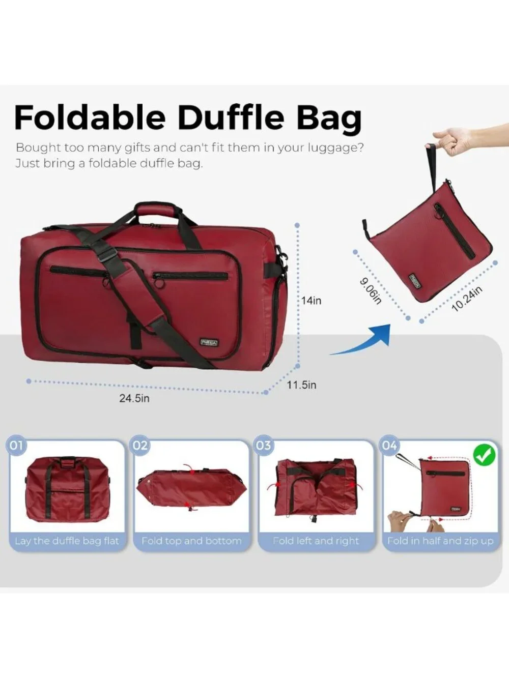 Large 65L Foldable Duffle Bag with Shoe Compartment, Water-Resistant Travel Tote
